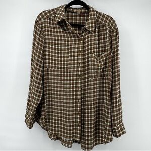 Anthropologie Pilcro Plaid Crinkle Olive/Orange Button Down Shirt NWT Sz M
